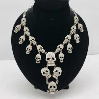 Retro Goth Rocker Cascading Rhinestone Skull Necklace