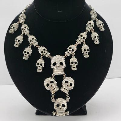 Retro Goth Rocker Cascading Rhinestone Skull Necklace
