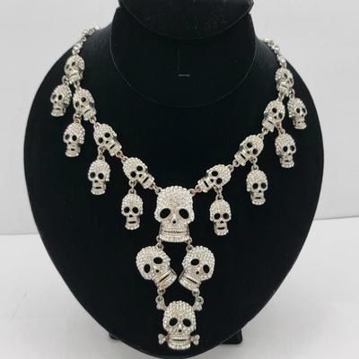 Retro Goth Rocker Cascading Rhinestone Skull Necklace