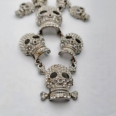 Retro Goth Rocker Cascading Rhinestone Skull Necklace
