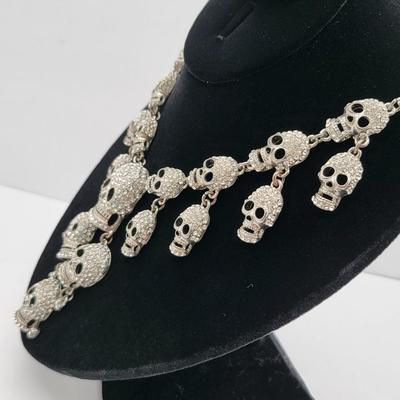 Retro Goth Rocker Cascading Rhinestone Skull Necklace