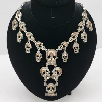 Retro Goth Rocker Cascading Rhinestone Skull Necklace