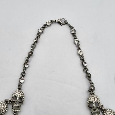 Retro Goth Rocker Cascading Rhinestone Skull Necklace