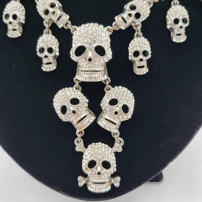 Retro Goth Rocker Cascading Rhinestone Skull Necklace