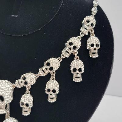 Retro Goth Rocker Cascading Rhinestone Skull Necklace