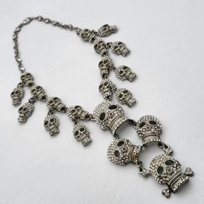 Retro Goth Rocker Cascading Rhinestone Skull Necklace
