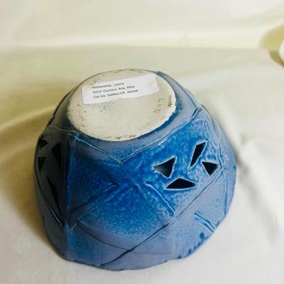 Art Deco Pottery Vase or Holder, Triangular Blue with Linear Carving, Handthrown Pottery