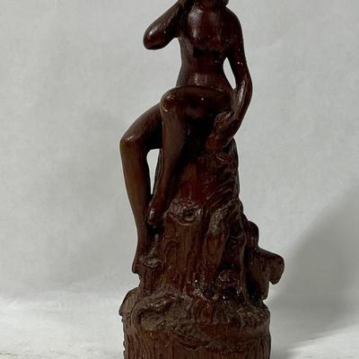 Small Wooden Statue Seated Nude Woman Figurine