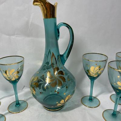 Vintage Bohemian Aqua Blue Crystal Decanter with 6 Stemmed Aqua Blue Glasses with Gold Floral Motif Design