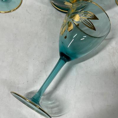 Vintage Bohemian Aqua Blue Crystal Decanter with 6 Stemmed Aqua Blue Glasses with Gold Floral Motif Design