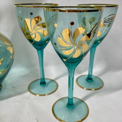 Vintage Bohemian Aqua Blue Crystal Decanter with 6 Stemmed Aqua Blue Glasses with Gold Floral Motif Design