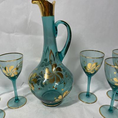 Vintage Bohemian Aqua Blue Crystal Decanter with 6 Stemmed Aqua Blue Glasses with Gold Floral Motif Design