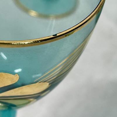 Vintage Bohemian Aqua Blue Crystal Decanter with 6 Stemmed Aqua Blue Glasses with Gold Floral Motif Design