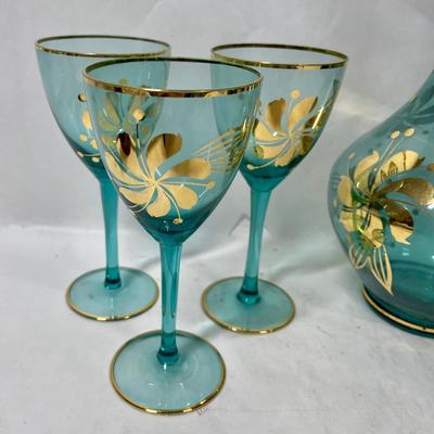 Vintage Bohemian Aqua Blue Crystal Decanter with 6 Stemmed Aqua Blue Glasses with Gold Floral Motif Design