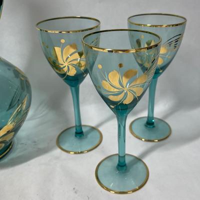 Vintage Bohemian Aqua Blue Crystal Decanter with 6 Stemmed Aqua Blue Glasses with Gold Floral Motif Design