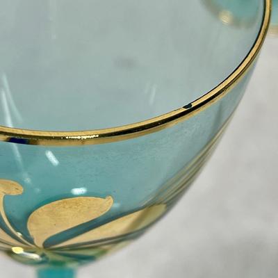 Vintage Bohemian Aqua Blue Crystal Decanter with 6 Stemmed Aqua Blue Glasses with Gold Floral Motif Design