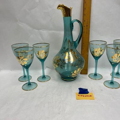 Vintage Bohemian Aqua Blue Crystal Decanter with 6 Stemmed Aqua Blue Glasses with Gold Floral Motif Design