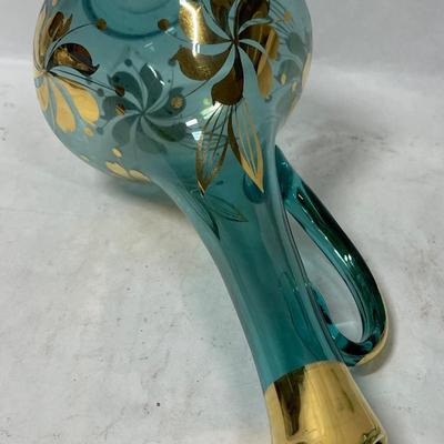 Vintage Bohemian Aqua Blue Crystal Decanter with 6 Stemmed Aqua Blue Glasses with Gold Floral Motif Design