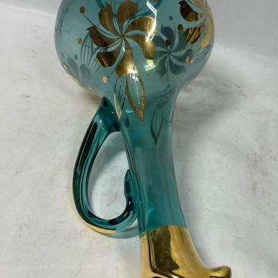 Vintage Bohemian Aqua Blue Crystal Decanter with 6 Stemmed Aqua Blue Glasses with Gold Floral Motif Design