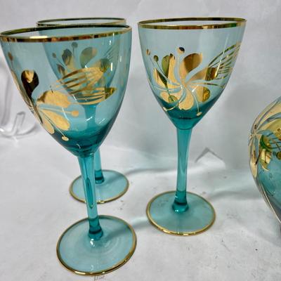Vintage Bohemian Aqua Blue Crystal Decanter with 6 Stemmed Aqua Blue Glasses with Gold Floral Motif Design