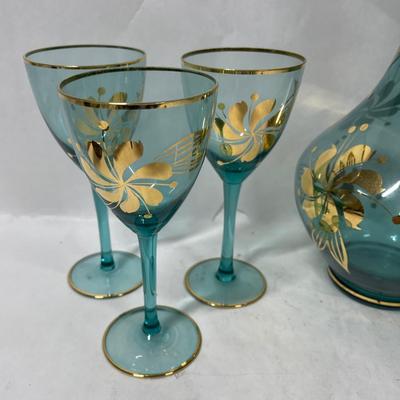 Vintage Bohemian Aqua Blue Crystal Decanter with 6 Stemmed Aqua Blue Glasses with Gold Floral Motif Design