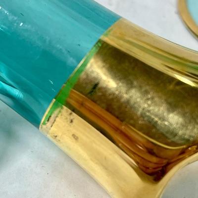 Vintage Bohemian Aqua Blue Crystal Decanter with 6 Stemmed Aqua Blue Glasses with Gold Floral Motif Design