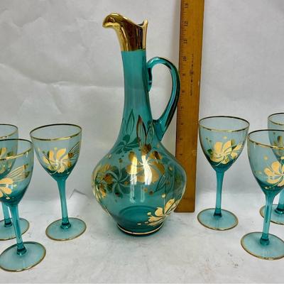 Vintage Bohemian Aqua Blue Crystal Decanter with 6 Stemmed Aqua Blue Glasses with Gold Floral Motif Design