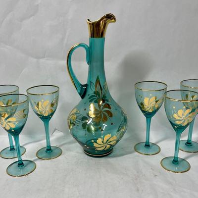 Vintage Bohemian Aqua Blue Crystal Decanter with 6 Stemmed Aqua Blue Glasses with Gold Floral Motif Design