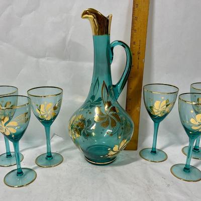 Vintage Bohemian Aqua Blue Crystal Decanter with 6 Stemmed Aqua Blue Glasses with Gold Floral Motif Design