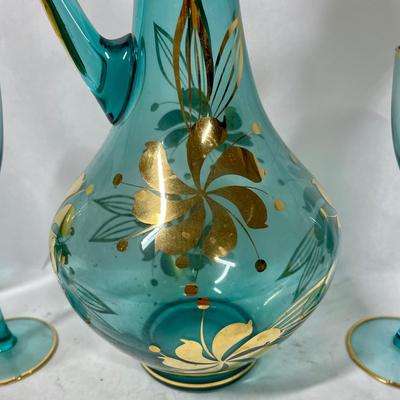 Vintage Bohemian Aqua Blue Crystal Decanter with 6 Stemmed Aqua Blue Glasses with Gold Floral Motif Design