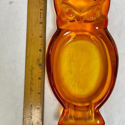Retro Vintage Orange Blown Glass Owl Dish or Ashtray MCM