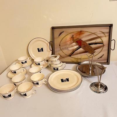 Mixed Vintage Lot - Reverse Glass Tray, Kromex, Hall's Silhouette Pattern Dishes