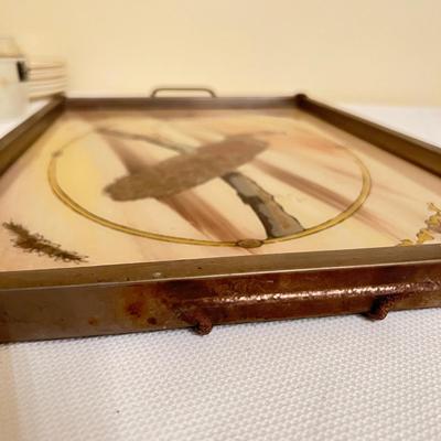 Mixed Vintage Lot - Reverse Glass Tray, Kromex, Hall's Silhouette Pattern Dishes