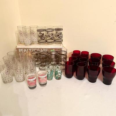 Large Mixed Vintage MCM Glasses Barware Lot - Pfaltzgraff, Ruby Red