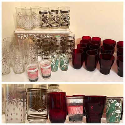 Large Mixed Vintage MCM Glasses Barware Lot - Pfaltzgraff, Ruby Red