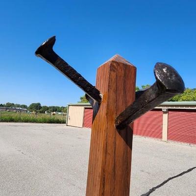 Antique Oak Hall Tree Stand Made with Railroad Spikes