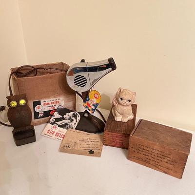 Mixed Antique Lot - Cast Iron Bank, Knapp-Monarch Hairdryer, Cast Iron Owl, Chalk Box