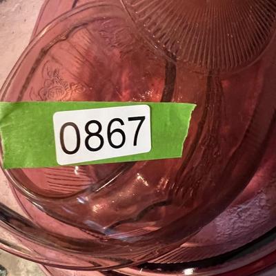 Vintage Cranberry Pink Glass Lot - Large Roaster w. Lid, 3 Etched Pieces
