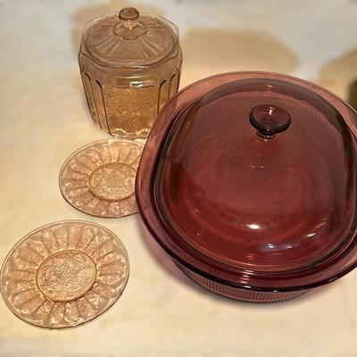 Vintage Cranberry Pink Glass Lot - Large Roaster w. Lid, 3 Etched Pieces