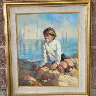 Vintage Framed Painting Young Boy, Signed Duval