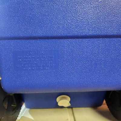 2 Coolers Blue Coleman w Wheels , Gott 48 Red Coca-Cola