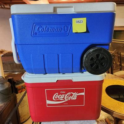 2 Coolers Blue Coleman w Wheels , Gott 48 Red Coca-Cola