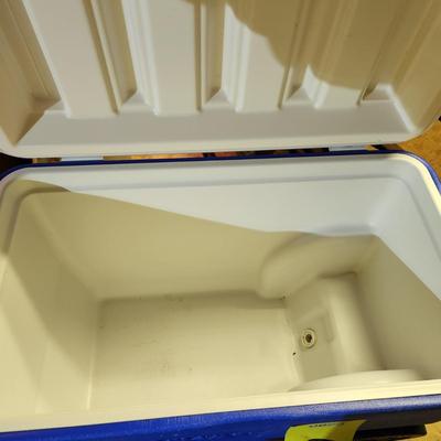 2 Coolers Blue Coleman w Wheels , Gott 48 Red Coca-Cola