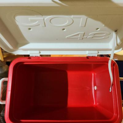 2 Coolers Blue Coleman w Wheels , Gott 48 Red Coca-Cola