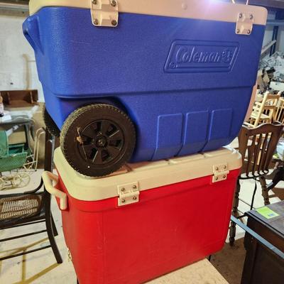 2 Coolers Blue Coleman w Wheels , Gott 48 Red Coca-Cola