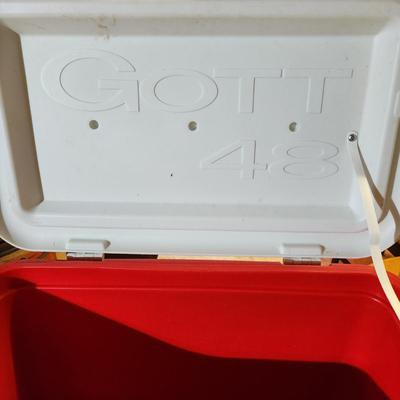 2 Coolers Blue Coleman w Wheels , Gott 48 Red Coca-Cola