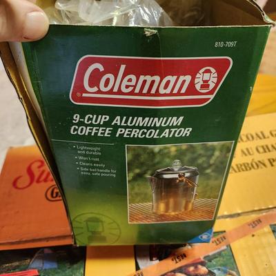 Camping Lot, 2 Sunbeam Stoves, Coleman 9 cup Percolator