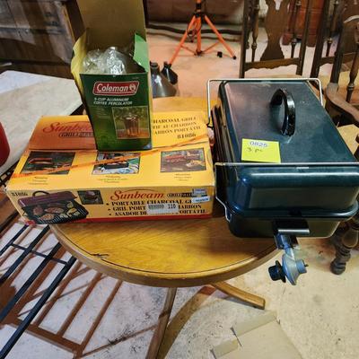 Camping Lot, 2 Sunbeam Stoves, Coleman 9 cup Percolator