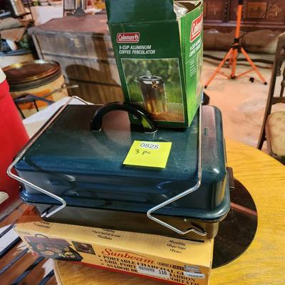 Camping Lot, 2 Sunbeam Stoves, Coleman 9 cup Percolator
