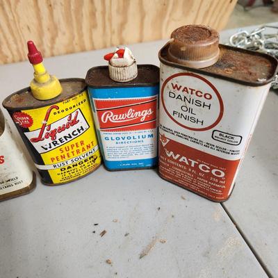 Vintage Master Glass Oil Bottle & Oil Cans 3 in 1, Philips 66, Rawlings Glove oil Watco Danish Oil